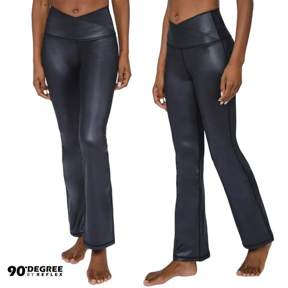 NWT 90 Degree By Reflex Interlink High Waist Faux Leather Flared Leg Yoga Pants - Picture 1 of 7